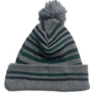 Gray Striped Knit Pom-Pom Beanie Hat 18p